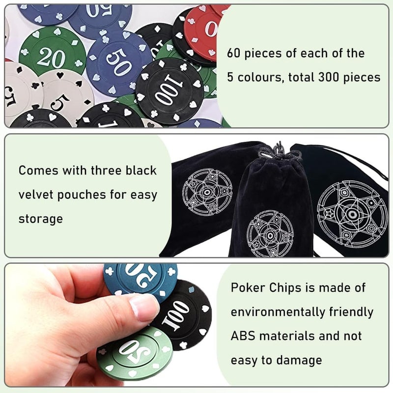 IXIGER 300Pcs Poker Chips, Plastic Casino Chips Set with Black Velvet Pouch Bag, Bulk Clay Fichas de Poker for Blackjack, Math Counting Chips, Texas Hold'em, Night Poker Games - Image 3